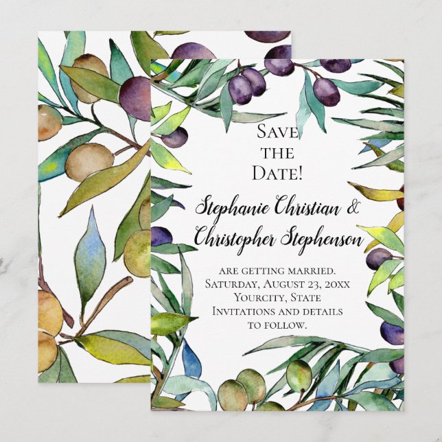 Savory Olives Tuscan Watercolor Save the Date Invitation (Front/Back)