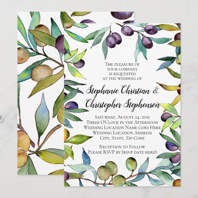Savory Olives Tuscan Watercolor Wedding Invitation (Front/Back)