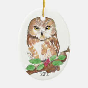Saw Whet Owl Christmas Custom Dated Ceramic Ornament