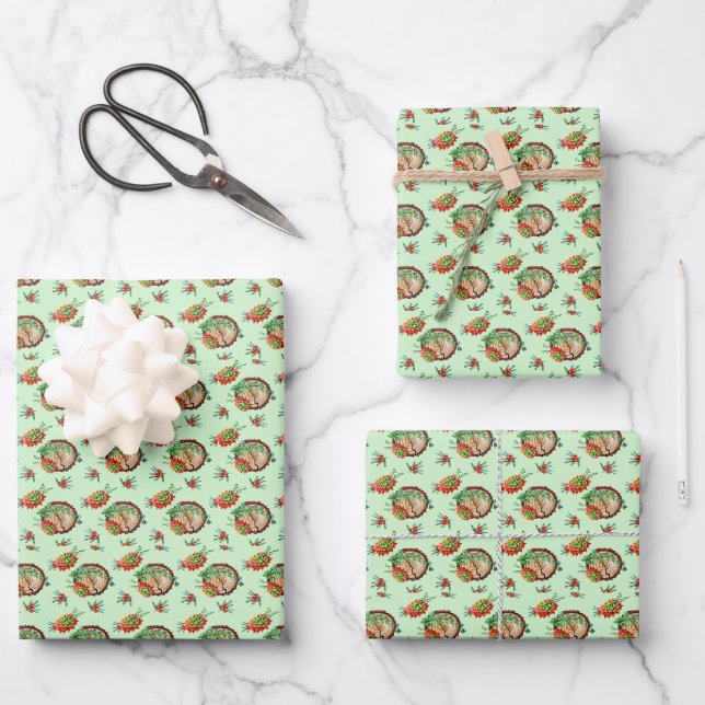 Sawn Pine Log Branches Holly Baby Wrapping Paper Sheet (Front)
