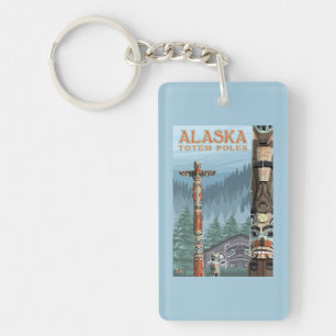 Saxman Totem Village Vintage Travel Poster Keychain