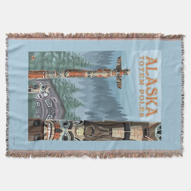 Saxman Totem Village Vintage Travel Poster Throw Blanket (Front)