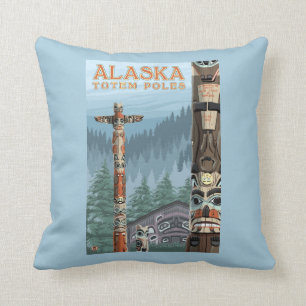 Saxman Totem Village Vintage Travel Poster Throw Pillow