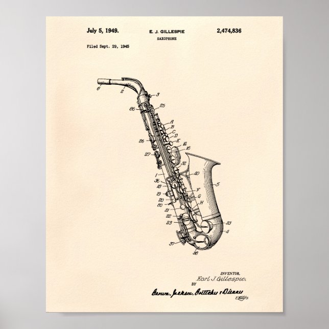 Saxophone 1949 Patent Art Old Peper Poster (Front)