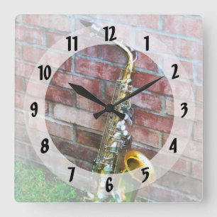 Saxophone Against Brick Square Wall Clock