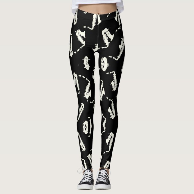 Saxophone Black and White Pattern  Leggings (Front)