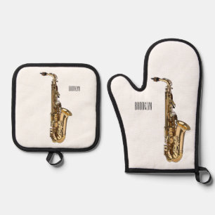 Saxophone cartoon illustration oven mitt & pot holder set