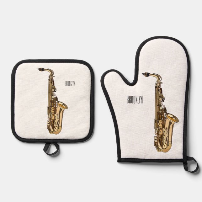 Saxophone cartoon illustration oven mitt & pot holder set (Front)