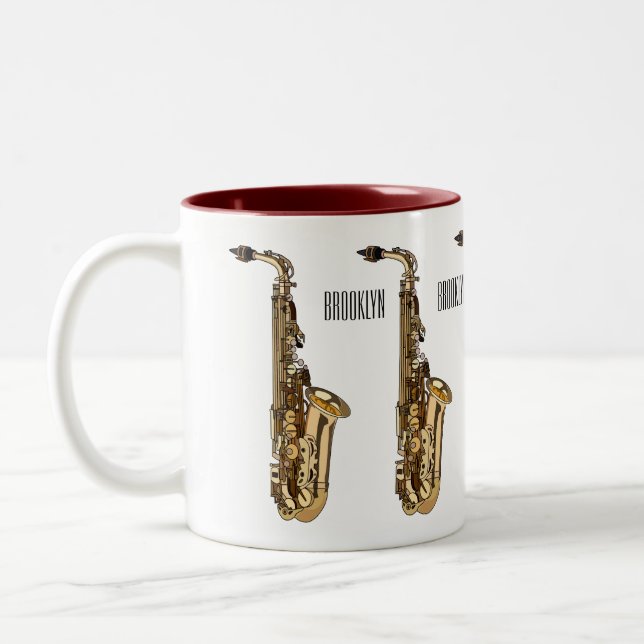 Saxophone cartoon illustration Two-Tone coffee mug (Left)