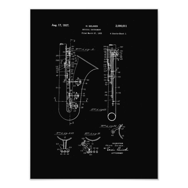 Saxophone 'chalk style' Patent Drawing Photo Print (Front)