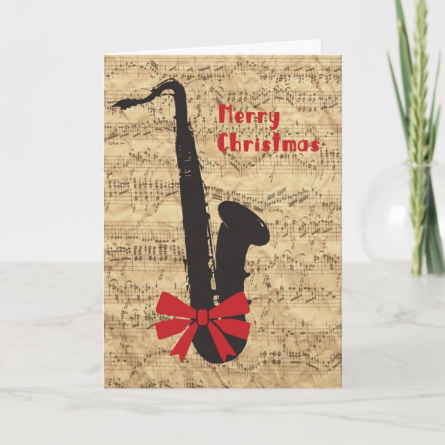 Saxophone Christmas Card with Sheet of Music (Front)