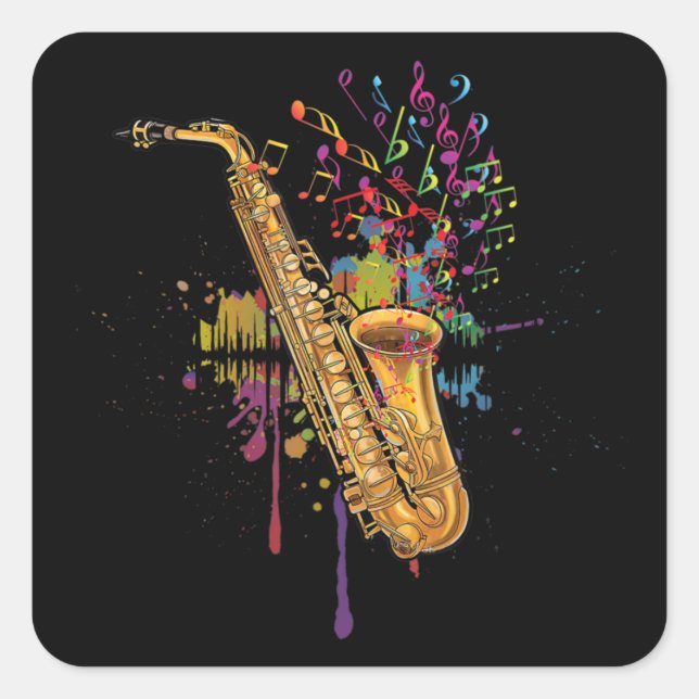 Saxophone Colorful Music Notes For Saxophonist Square Sticker (Front)