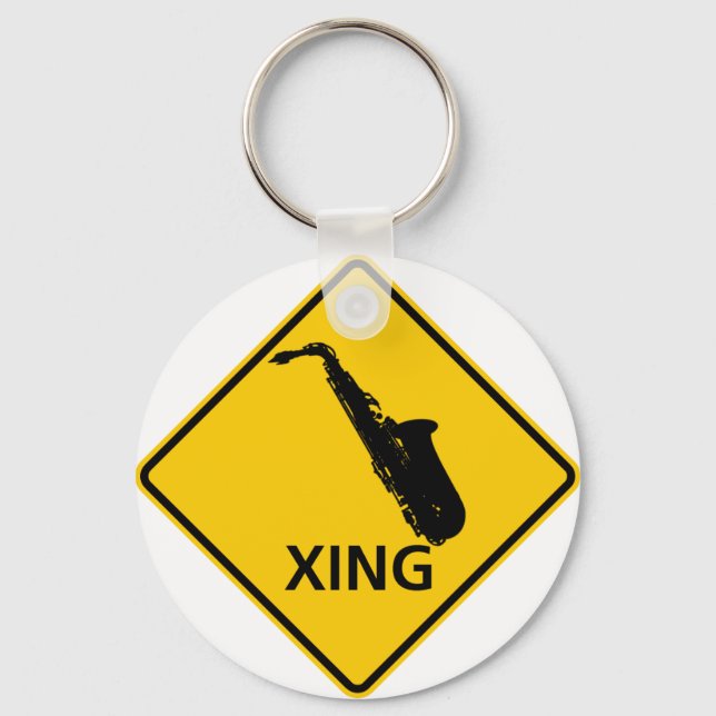 Saxophone Crossing Highway Sign Keychain (Front)