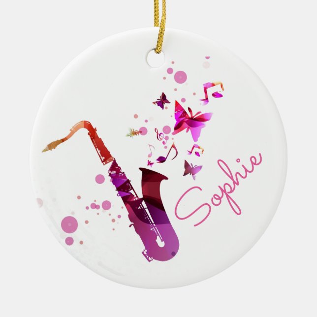Saxophone cute music and butterflies name ceramic ornament (Front)