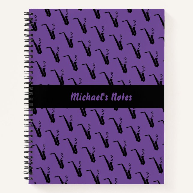 Saxophone Fun Music Notes Personalized Purple Notebook (Front)