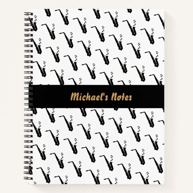 Saxophone Fun Music Notes Personalized White Notebook (Front)