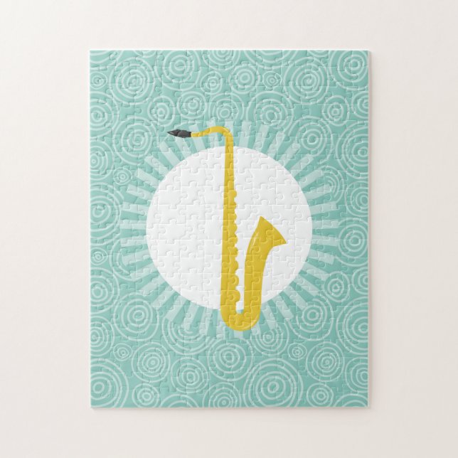 Saxophone Fun Turquoise Swirl Music Jigsaw Puzzle (Vertical)