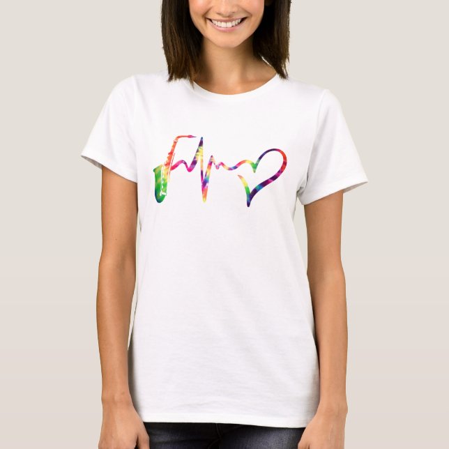 Saxophone heartbeat Tie Dye music instrument heart T-Shirt (Front)