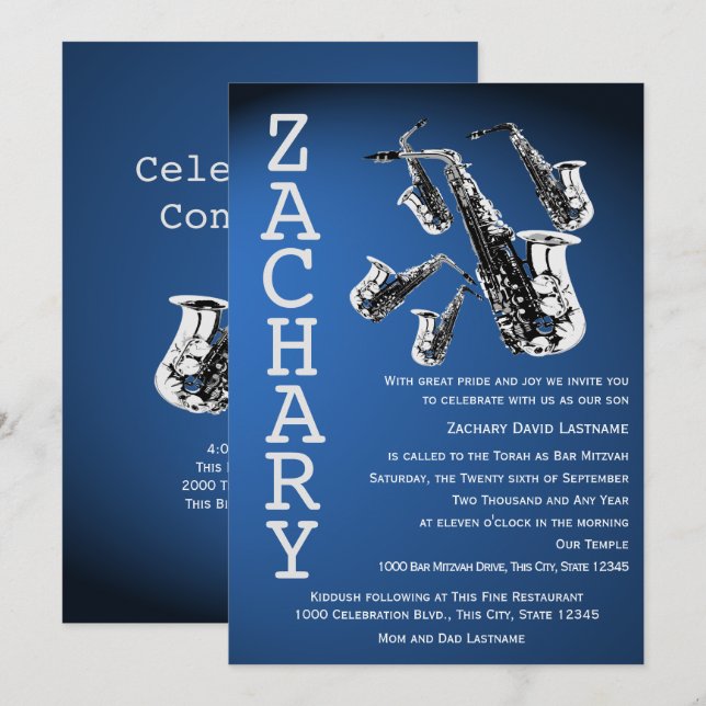 Saxophone Mania Music Blue Bar Mitzvah Invitation (Front/Back)