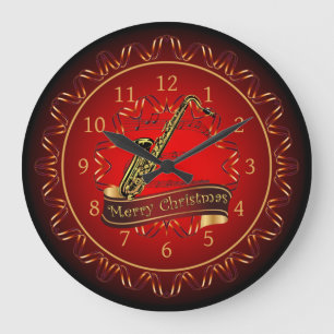 Saxophone ~ Merry Christmas ~ Maroon & Black ~   Large Clock