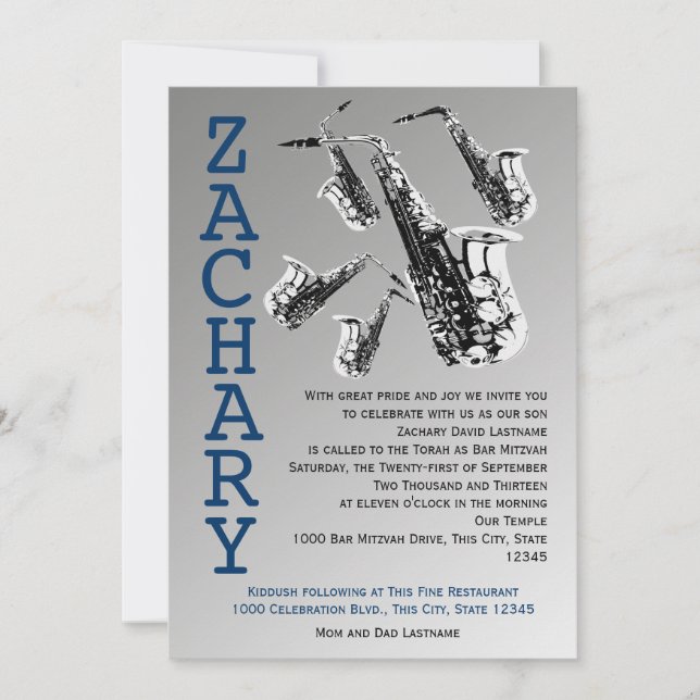 Saxophone Music Bar Mitzvah Invitation (Front)