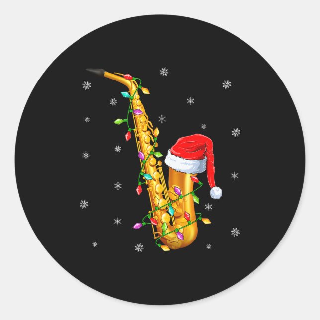 Saxophone Music Lover Xmas Lights Santa Saxophone  Classic Round Sticker (Front)