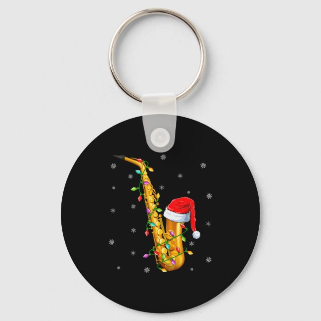 Saxophone Music Lover Xmas Lights Santa Saxophone  Keychain (Front)