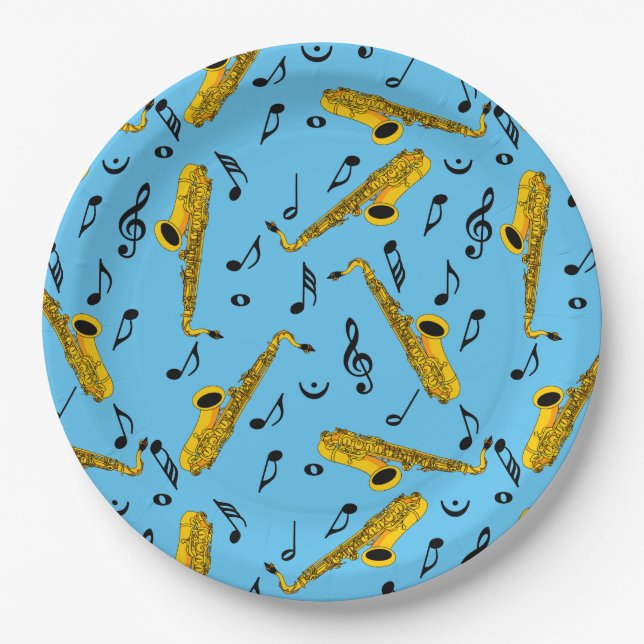 Saxophone Music Note Pattern Paper Plate (Front)