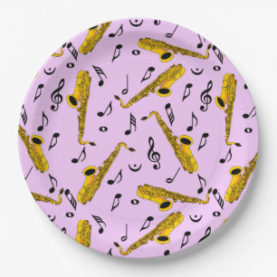 Saxophone Music Note Pattern Paper Plate