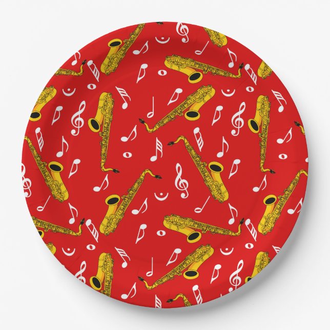 Saxophone Music Note Pattern Paper Plate (Front)