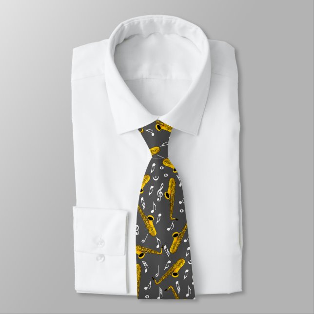 Saxophone Music Note Pattern Tie (Tied)