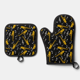 Saxophone Music Notes Oven Mitt & Pot Holder Set