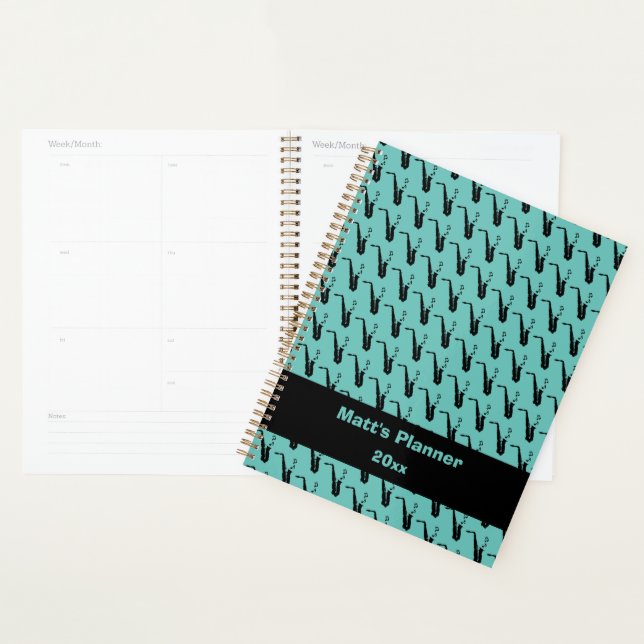 Saxophone Music Notes Personalized Teal Blue Green Planner (Display)
