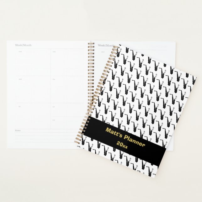 Saxophone Music Notes Personalized White Planner (Display)