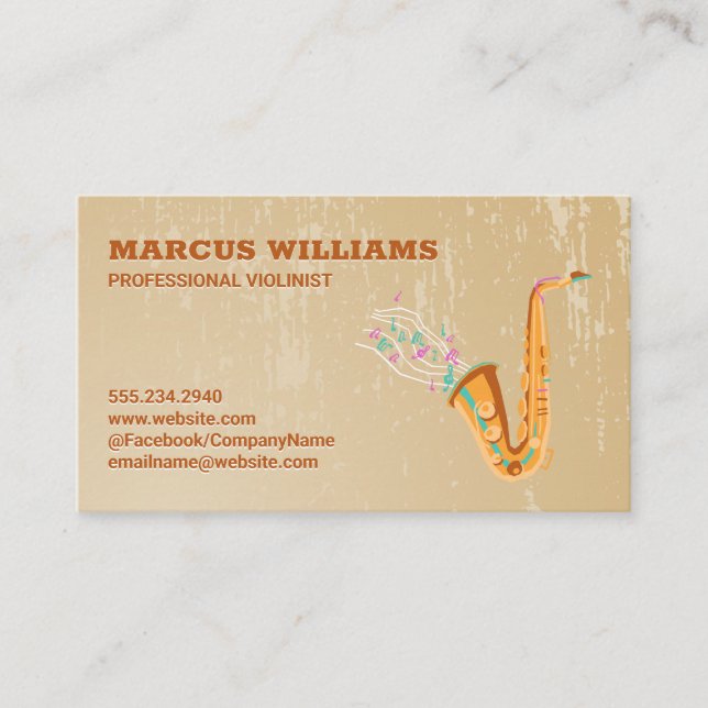 Saxophone Musical Notes | Grunge Background Business Card (Front)