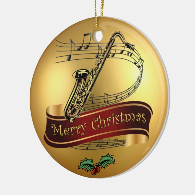 Saxophone ~Musical Scroll~Gold “Merry Christmas" ~ Ceramic Ornament (Left)