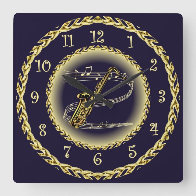 Saxophone ~ Musical Scroll ~ Gold/Navy Blue ~  Square Wall Clock (Front)