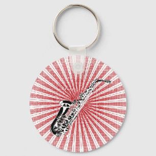 Saxophone on Grunge Red Sunburst Keychain