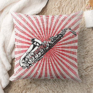 Saxophone on Grunge Red Sunburst Throw Pillow