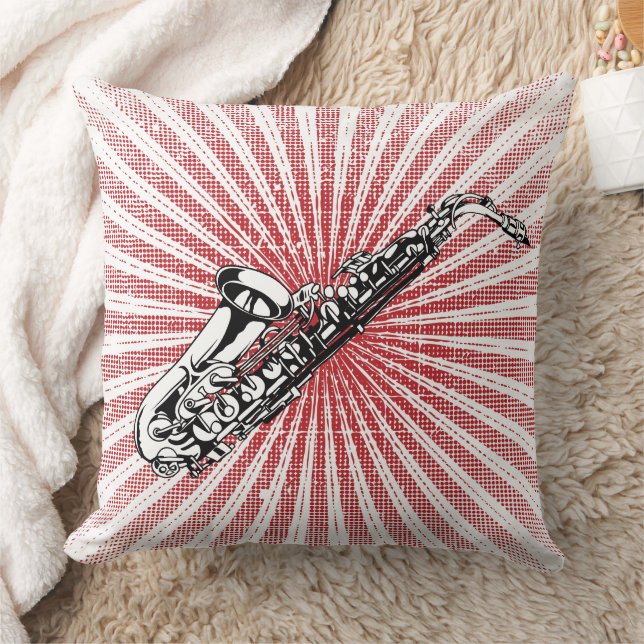 Saxophone on Grunge Red Sunburst Throw Pillow (Blanket)