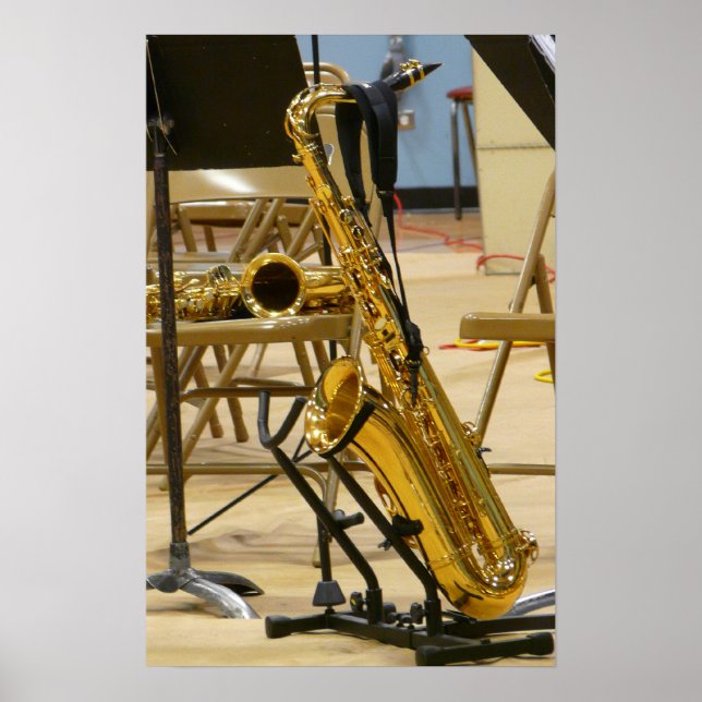 Saxophone on Stand at Jazz Recital Poster (Front)