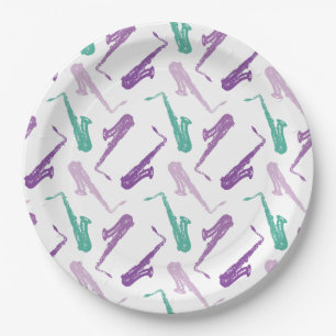 Saxophone Pattern - Purple and Teal Paper Plate
