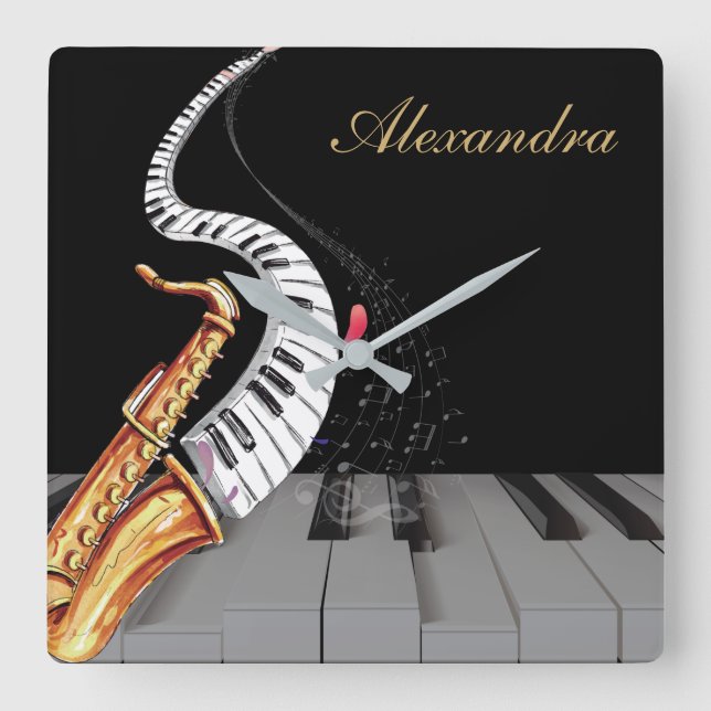 Saxophone Piano Music Luxury Personalized Square Wall Clock (Front)