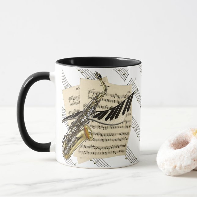 Saxophone & Piano Music Mug (With Donut)