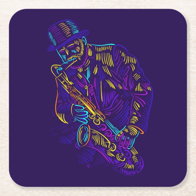 Saxophone Player Abstract Neon Drawing Square Paper Coaster (Front)