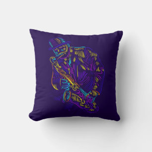 Saxophone Player Abstract Neon Drawing Throw Pillow