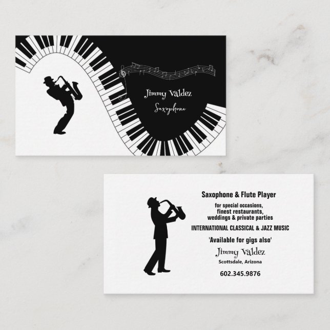 Saxophone Player Music Notes Piano Keys Business Card (Front/Back)