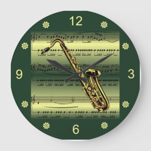 Saxophone~Rolled Sheet Music~Gold/Green Background Large Clock