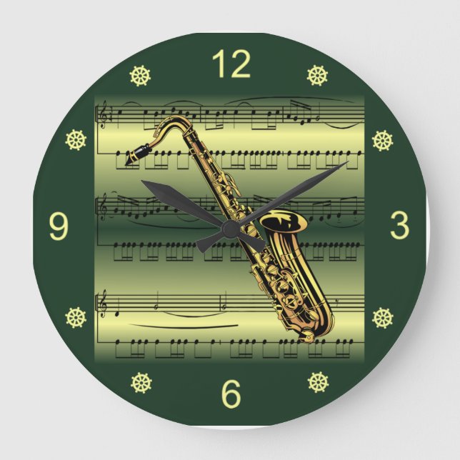 Saxophone~Rolled Sheet Music~Gold/Green Background Large Clock (Front)