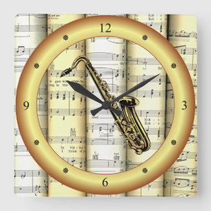 Saxophone ~ Rolled Sheet Music ~ Gold Ring ~ * ~ Square Wall Clock